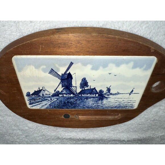 Delft Blue Windmill Cheese Board Charcuterie VTG Tile + Teak Wood Antique - Picture 14 of 16
